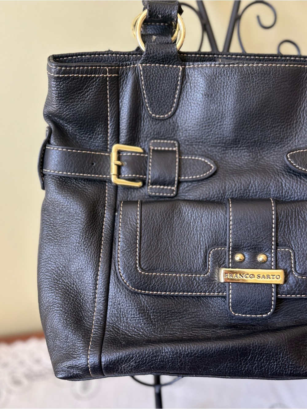 Franco Sarto Black Leather Satchel Bag with Gold Hardware
